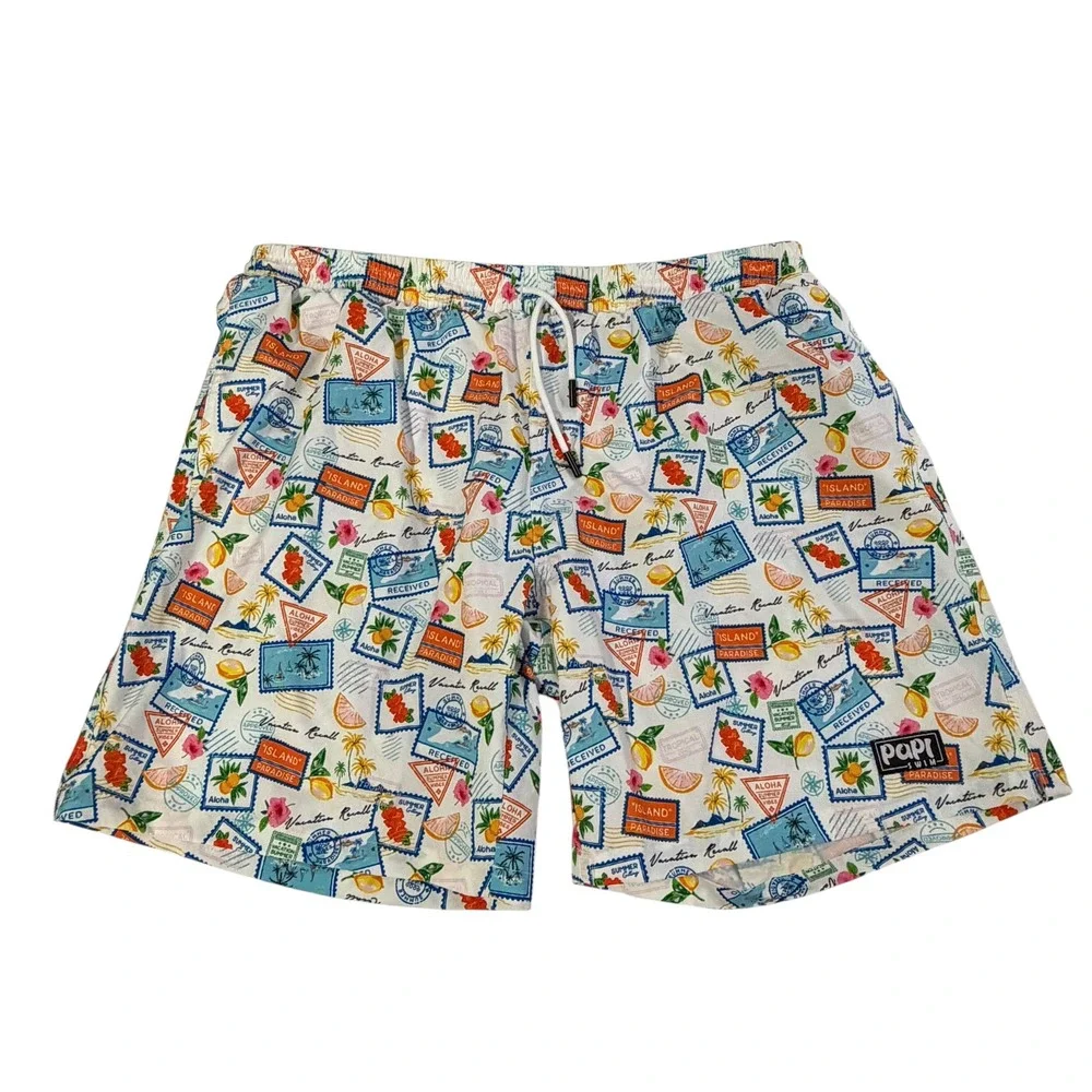 Papi Swim Men XXL White Tropical Postcard Stamp Print Swim Trunks Mesh Lined